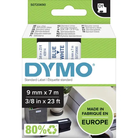 Dymo taĹ›ma do drukarek etykiet, D1 40914 | 9mm x 7m | niebieski / biaĹ‚y